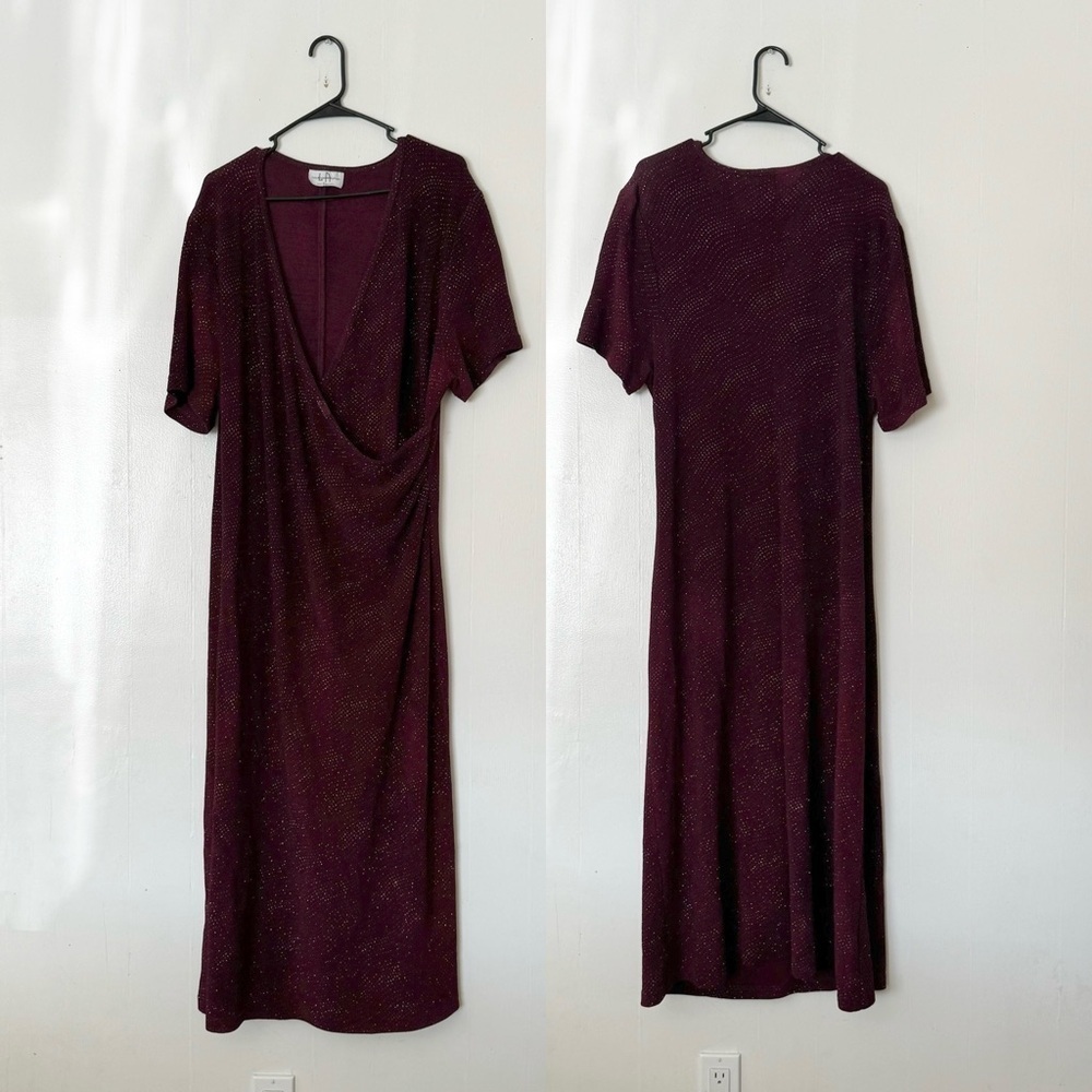 Vintage Los Angeles Woman Purple Red V-Neck Maxi Dress